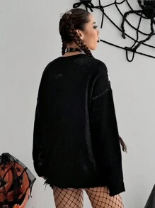 SHEIN Unity Women's Cartoon Spider Pattern Crew Neck Long Sleeve Sweater, Knit Pullover Fall Winter - Black - View 3