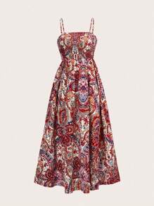 Breezaya 佩斯利印花吊带休闲度假连衣裙新年衣服长款度假海滩装女士 - 紅色 - 查看 3