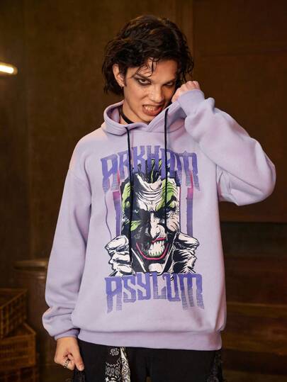 Harley Quinn | ROMWE ROMWE Avant Men's Casual Drop Shoulder Letter & Figure Print Drawstring Hooded Sweatshirt, Spring/Autumn