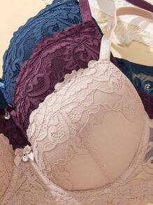 Snug Zone 5pcs/Set Romantic Lace Gather Uplift Bra, Everyday Wear, For Small Bust Lingerie - Multicolor - View 3