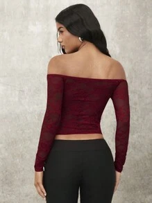 SHEIN BAE 性感浪漫蕾丝边露肩长袖纯色夏季女式上衣 - 酒紅色 - 查看 2