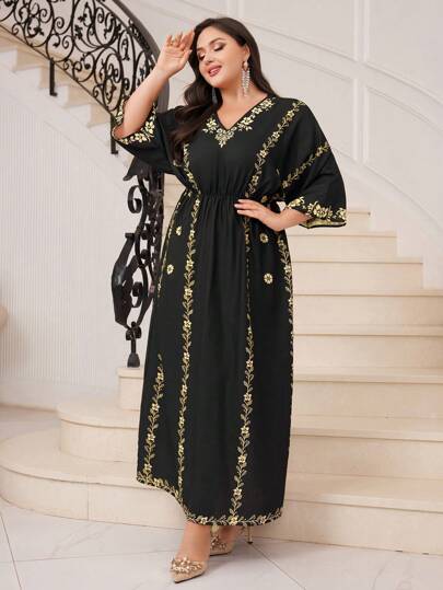 Al Najma Plus Size Floral Print V-Neck Dress,Elegant Evening Party Dress