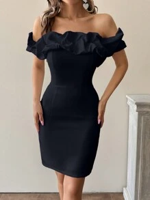 EURMUSE Elegant Dress With 3D Flower Design, Ruffle Hem, Off Shoulder - Black - View 4