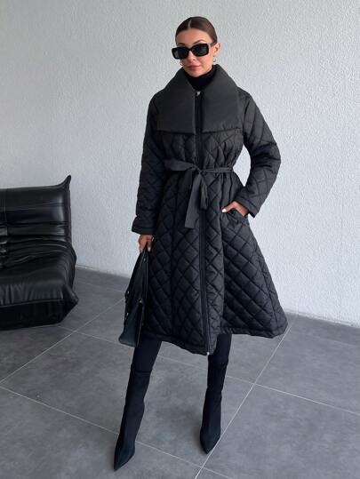 EURMUSE Frenchy Shawl Collar Belted Zip Up A-Line Long Padded Winter Coat