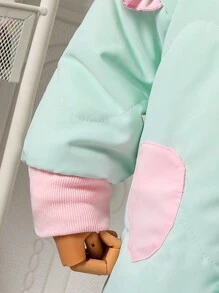 Young Girls Quilted Padded Coat With Ruffled Hooded Design,Color-Blocked Outerwear Paired With Plush Scarf For Cozy Warmth,Autumn/Winter Collection - Green - View 6