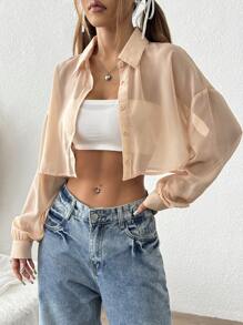 SHEIN EZwear قميص كاجوال أكمام طويلة أمامي أزرار لون أحادي قطعة واحدة - لون مشمشي - مشاهدة 5