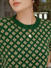 Knit Mix 法式风格女士针织通勤毛衣，花卉图案，撞色短袖T恤，适合春秋季节穿着，简约复古返校季秋季女装