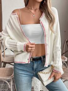 SHEIN LUNE Retro Chic Color Block Trim Loose Knit Cardigan, European & American Style - White - View 5