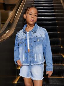 Medium Wash Denim Girl's Distressed Studded Frayed Jacket And Shorts Set - Medium Wash - View 5