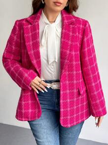 SHEIN Privé Blazer de manga larga elegante de talla grande para oficina y escuela, de estilo vintage a cuadros, cálido para el invierno - Rosa - Ver 8