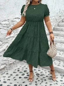 SHEIN Clasi Plus Size Women Boho Leopard Print Round Neck Short Sleeve Dress Women Outfit, For Summer - Green - View 4