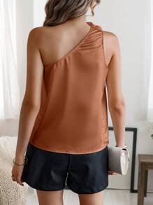 SHEIN Clasi Women's Summer Elegant Solid Color 3D Floral Decor One Shoulder Blouse - Brown - View 2