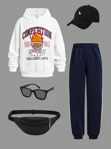 SHEIN 青少年男孩篮球连帽运动衫和裤子两件套