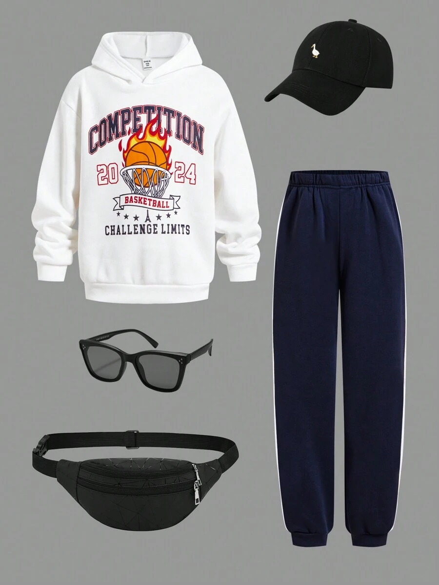 SHEIN 青少年男孩篮球连帽运动衫和裤子两件套