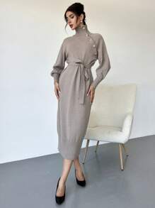Firerie Vestido de suéter largo con cuello alto y cintura anudada para mujer - Café integral - Ver 3