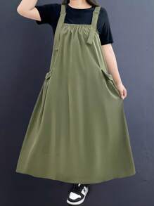 SHEIN EZwear 加大翻盖口袋连衣裤（不含 T 恤），适合日常穿着 - 軍綠色 - 查看 1