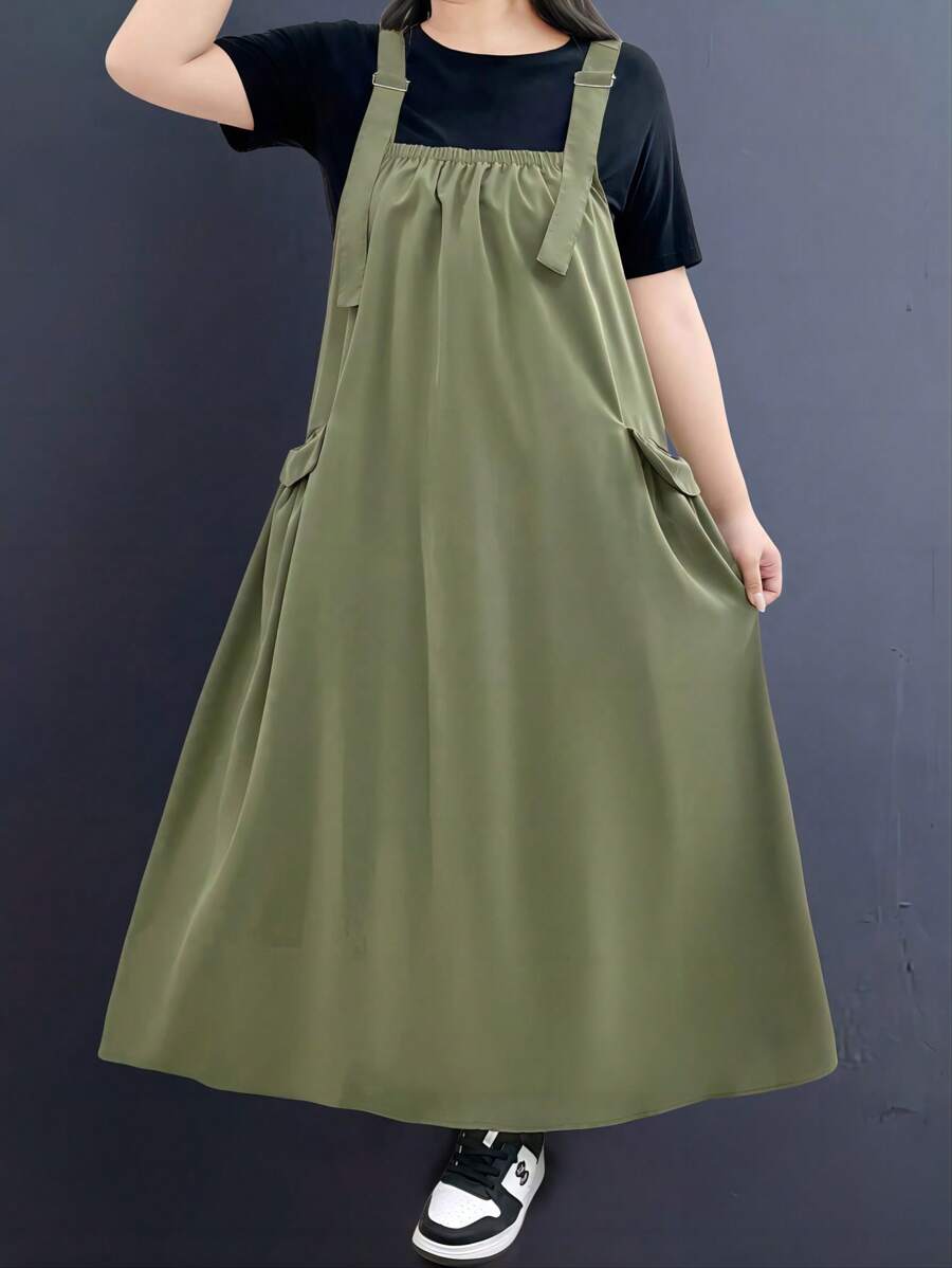 SHEIN EZwear 加大翻盖口袋连衣裤(不含 T 恤),适合日常穿着 - 軍綠色 - 查看 1