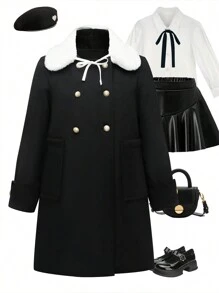 Tween Girls Casual Elegant College Style Bowknot Double-Breasted Jacket