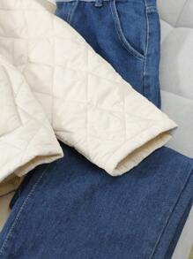 SHEIN 少女菱形图案收腰翻盖口袋翻领宽松休闲棉服外套