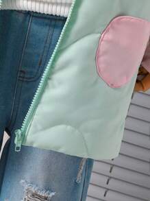 Young Girls Quilted Padded Coat With Ruffled Hooded Design,Color-Blocked Outerwear Paired With Plush Scarf For Cozy Warmth,Autumn/Winter Collection - Green - View 5