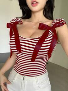 DAZY Camiseta de mujer de manga corta ajustada y sin espalda con lazo, para el verano - Burdeos - Ver 4