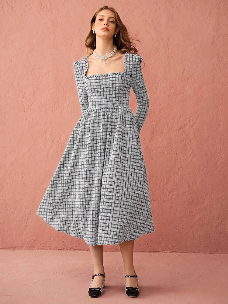 Women's Square Neck Jacquard Knit Slim Fit A-Line Hem Long Sleeve Elegant Dress,Party,Date,Fall Women Clothes,Winter Women Clothes