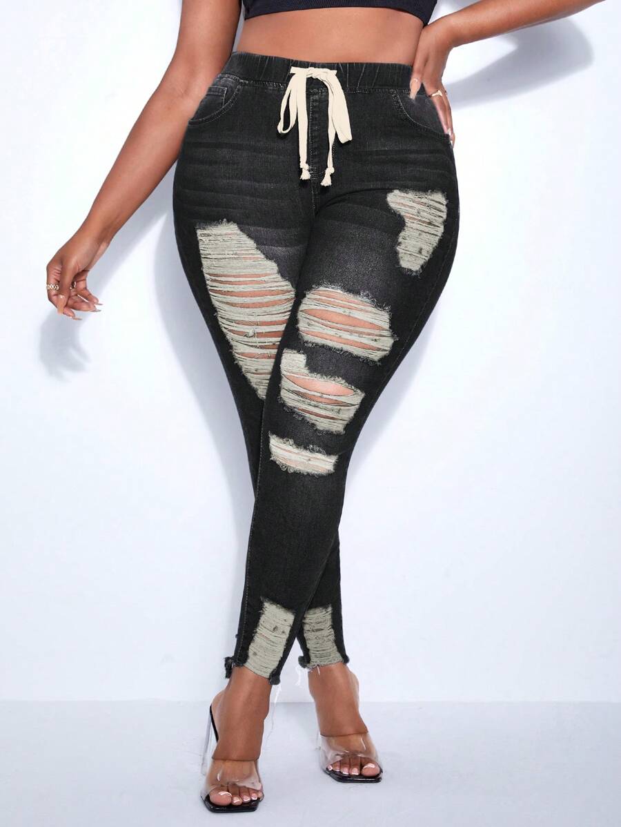 SHEIN Lady Plus Size Women Ripped Fashionable Denim Jeans - Black - View 1