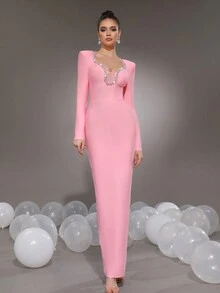 Modphy新款水钻网纱拼接设计长袖美人鱼绷带连衣裙，女士伴娘正式晚礼服，适合婚礼、派对、节日、开斋节等场合，也可作为婚礼宾客礼服穿着。 - 粉色 - 查看 8