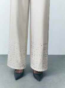 Maija Women's Wide Leg Loose Fit Elegant Office Trousers With Pockets & Rhinestone Decor