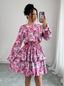 Chiquease Váy babydoll dáng chữ A rộng rãi cổ chữ V họa tiết hoa - Màu tím - Xem 4