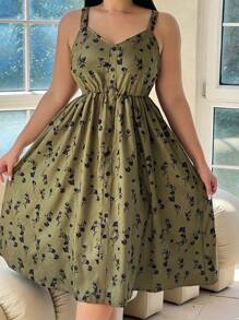 Flirla Vestido Plus Size de Veludo Cotelê Pinafore, Floral Verde Oliva - Multicolorido - Ver 1