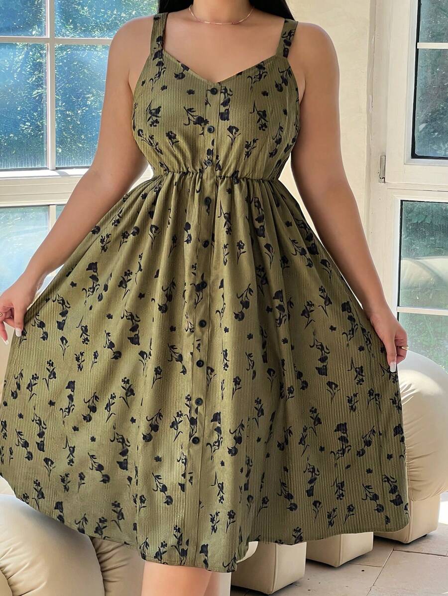 Flirla Vestido Plus Size de Veludo Cotelê Pinafore, Floral Verde Oliva - Multicolorido - Ver 1