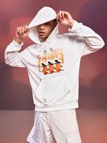 SHEIN X Care Bears Sudadera con capucha blanca con cordón, con estampado suelto de punto de gráfico de bruja y oso de peluche para Halloween