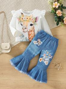 SHEIN 女宝宝卡通长颈鹿印花长袖上衣+喇叭裤休闲套装 - 藍白色 - 查看 1