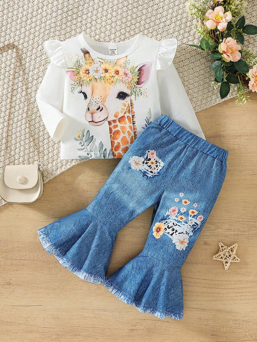 SHEIN 女宝宝卡通长颈鹿印花长袖上衣+喇叭裤休闲套装 - 藍白色 - 查看 1