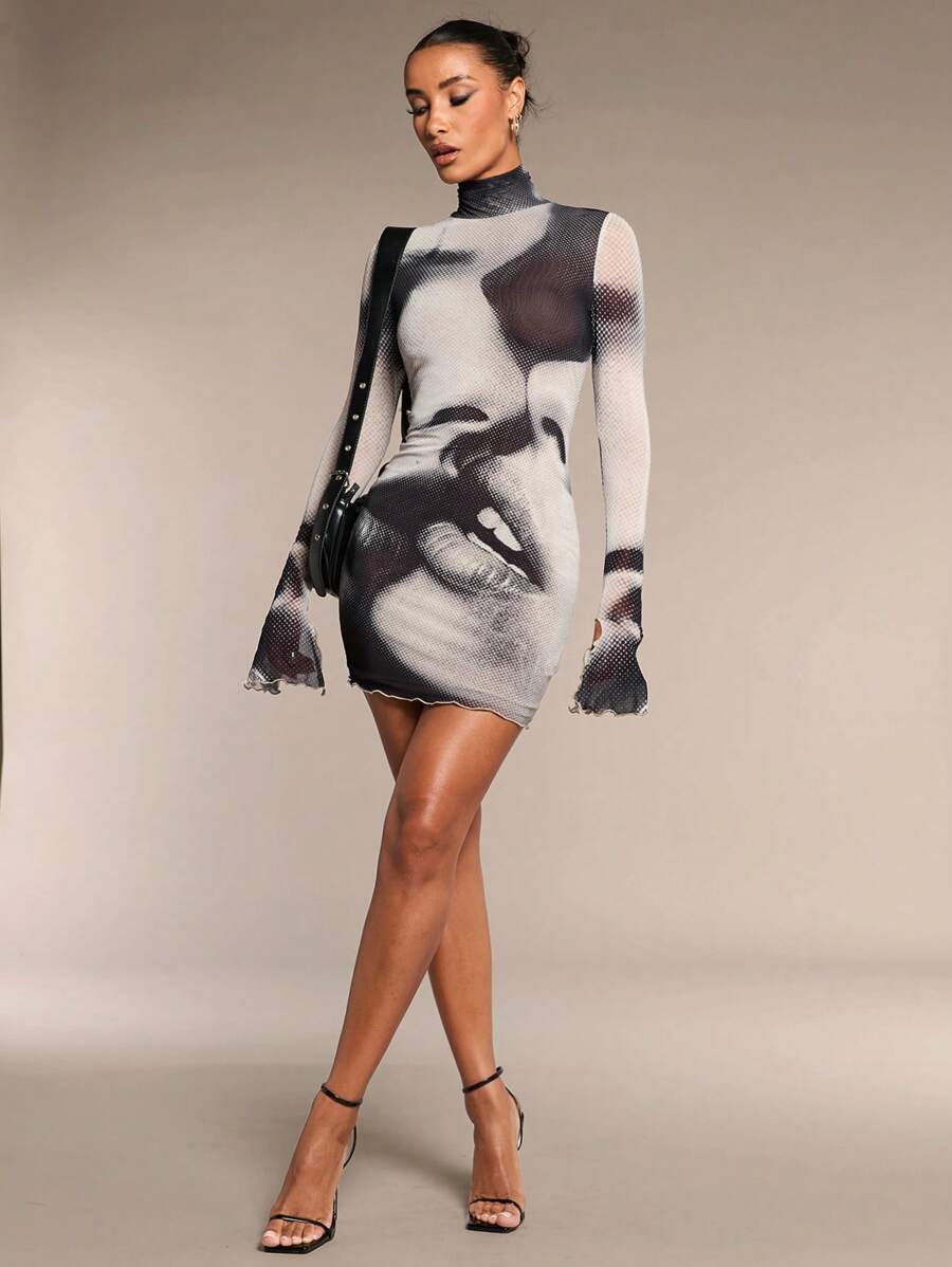 SHEIN BAE 女士印花高领长袖连衣裙 - 棕色 - 查看 1