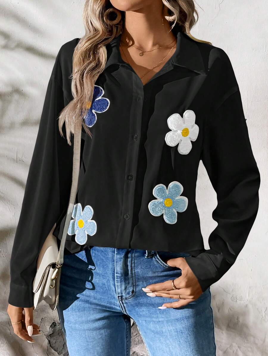SHEIN LUNE Fashion Casual Loose White Floral Embroidered Long Sleeve Blouse, Sun-Protective For Women - Black - View 1