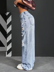 SHEIN PETITE Women's Ripped Wide Leg Loose Casual Versatile Denim Jeans Y2K Pocket Hole Fashion Wash