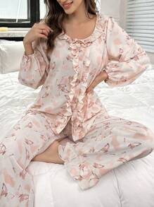 女士宽松蝴蝶印花荷叶边前开式圆领睡衣套装 - 淺粉色 - 查看 1