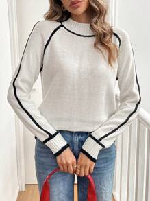 SHEIN LUNE Women's Casual Raglan Sleeve Loose Knit Sweater, Autumn/Winter, Knit Pullover Fall - White - View 1