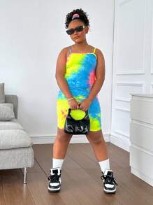 SHEIN Tween Girls' Fitted Casual Scrunchie With Tie-Dye Camisole And Pleated Side Dress