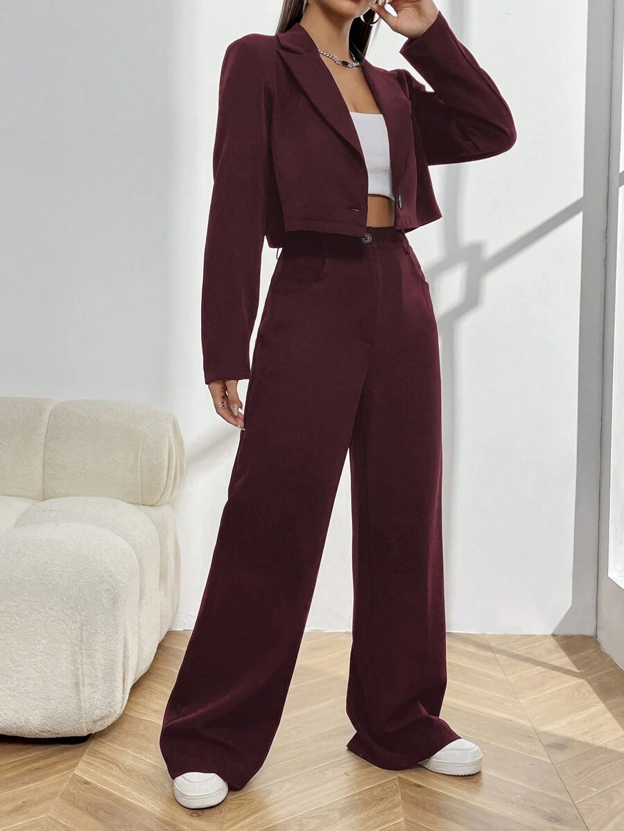 SHEIN ChicEase 2 件纯色领口前排纽扣短款上衣和裤子休闲套装 - 酒紅色 - 查看 1