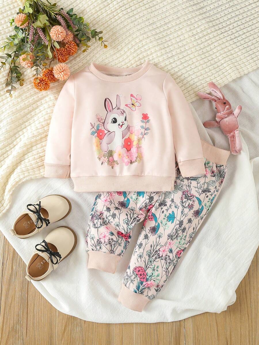 2 件装女婴可爱兔子和花卉印花运动衫和裤子套装 - 粉色 - 查看 1
