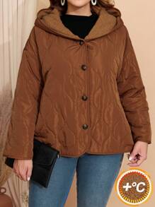 EMERY ROSE Plus Size Women's Solid Minimalist Hooded Thermal Jacket, Fall/Winter - Brown - View 3