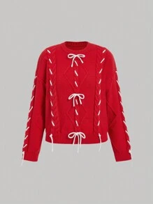 SHEIN MOD Fall Women's Regular Fit Long Sleeve Sweater With Bow Tie, ,Cute, White Tie, Bow ,Pullover Sweater - Multicolor - View 1