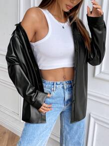 SHEIN Unity 女式翻领 PU 皮夹克，长袖，休闲街头风格时尚仿皮黑色夹克 - 黑色 - 查看 5