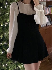 DAZY 女士纯色拼接长袖休闲连衣裙、生日、新年舞会礼服、迷你连衣裙圣诞节 - 黑色 - 查看 9