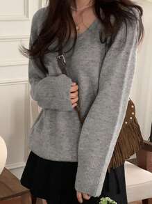 DAZY 女式纯色 V 领长袖套头衫、长袖上衣、秋装