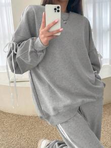 DAZY Sudadera con capucha de mujer de línea térmica simple y sólida, informal, con cordón, de manga larga, ropa de otoño - Gris - Ver 6