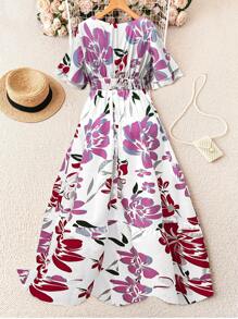 Rafferiza Vestido largo con cuello redondo, mangas con volantes y estampado floral en corte evasé para mujer - Rosa - Ver 4